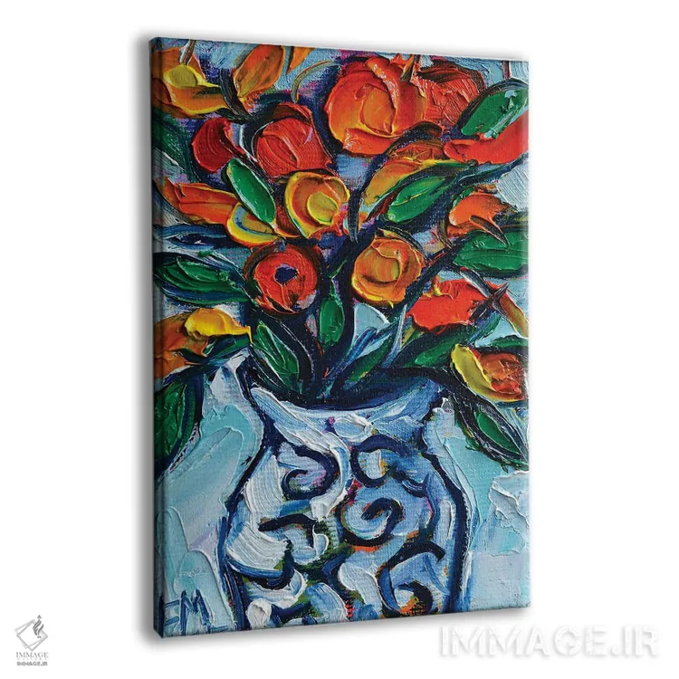 تابلو دکوراتیو گل های نارنجی انتزاعی در گلدان سفید اثر مونا ادولسکو - نمای پرسپکتیو محصول