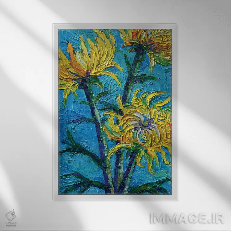 تابلو دکوراتیو دسته گل داوودی اثر مونا ادولسکو - نمای قابدار سفید