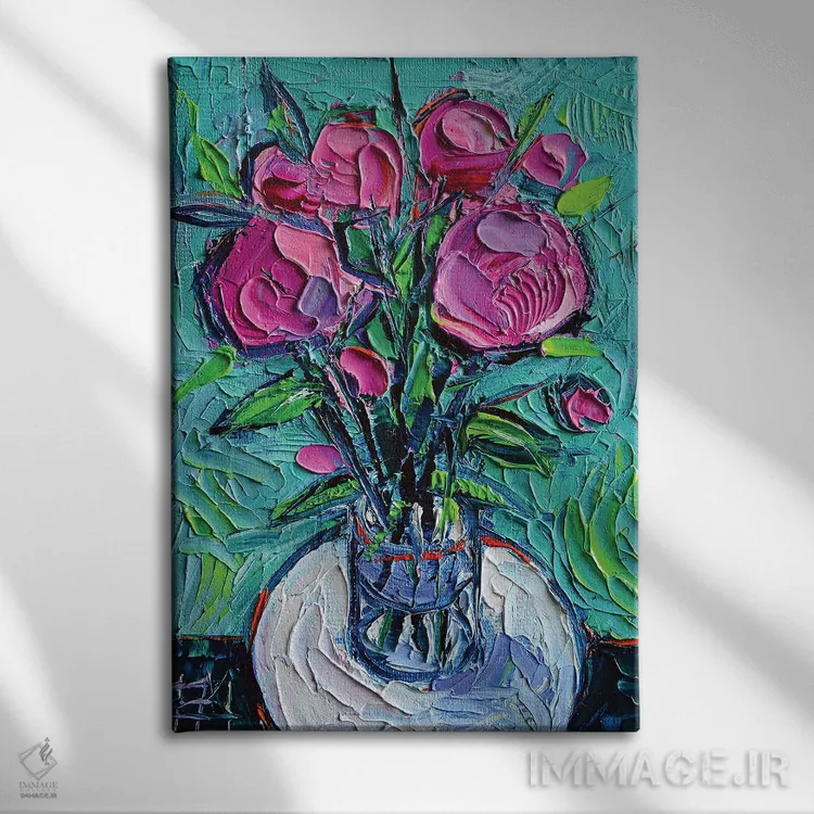 تابلو دکوراتیو گل صدتومانی انتزاعی روی میز سفید اثر مونا ادولسکو - نمای روبهرو روی دیوار