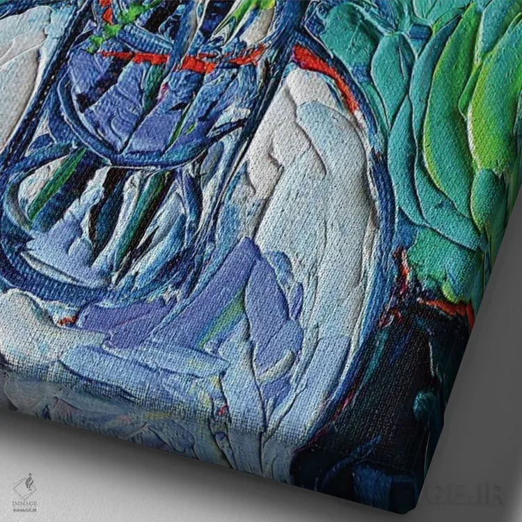 تابلو دکوراتیو گل صدتومانی انتزاعی روی میز سفید اثر مونا ادولسکو - نمای نزدیک بافت بوم