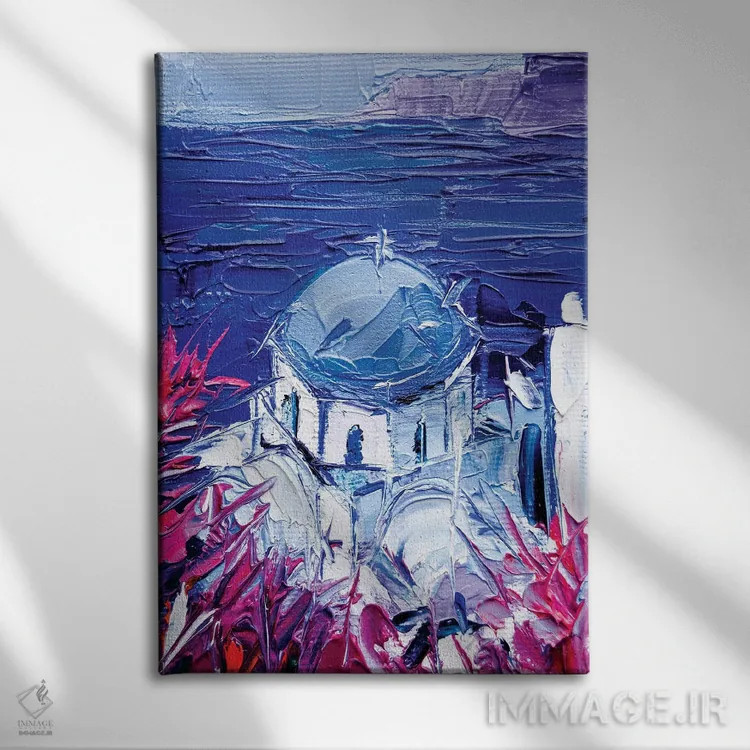 تابلو دکوراتیو نمای کلیسای سانتورینی اثر مونا ادولسکو - نمای روبهرو روی دیوار