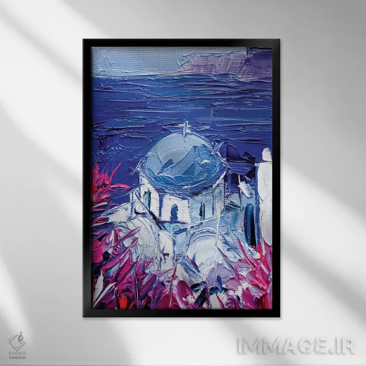 تابلو دکوراتیو نمای کلیسای سانتورینی اثر مونا ادولسکو - نمای قابدار مشکی