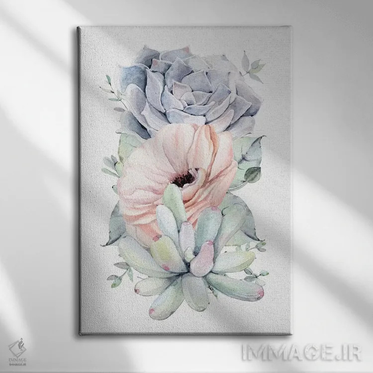 تابلو دکوراتیو ساکولنت های گلدار جنوب غربی سبز نعناعی II اثر نیچر مجیک - نمای روبهرو روی دیوار