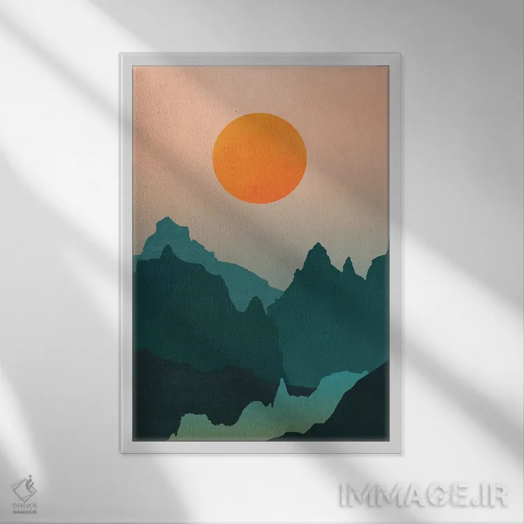 تابلو انتزاعی ماجراجویی کوهستانی سبزآبی با طلوع خورشید اثر نیچر مجیک - نمای قابدار سفید