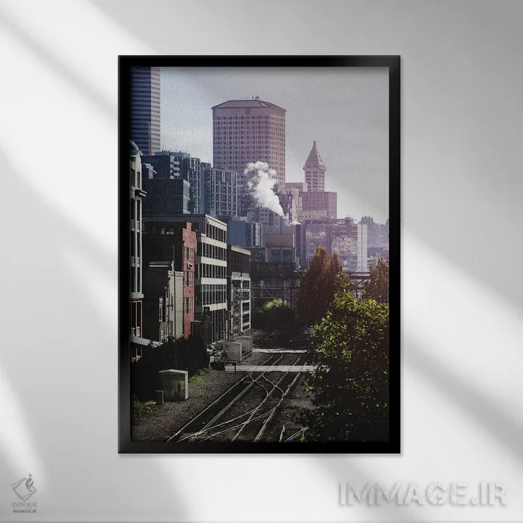 تابلو دکوراتیو طلوع خیابان شهری سیاتل اثر نیچر مجیک - نمای قابدار مشکی