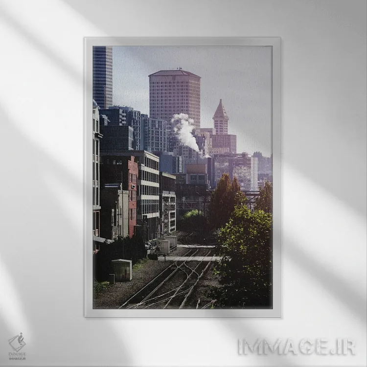 تابلو دکوراتیو طلوع خیابان شهری سیاتل اثر نیچر مجیک - نمای قابدار سفید