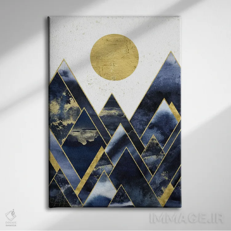 تابلو مدرن طلوع کوهستان های طلایی و نیلی اثر نیچر مجیک - نمای روبهرو روی دیوار