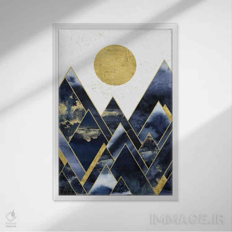 تابلو مدرن طلوع کوهستان های طلایی و نیلی اثر نیچر مجیک - نمای قابدار سفید
