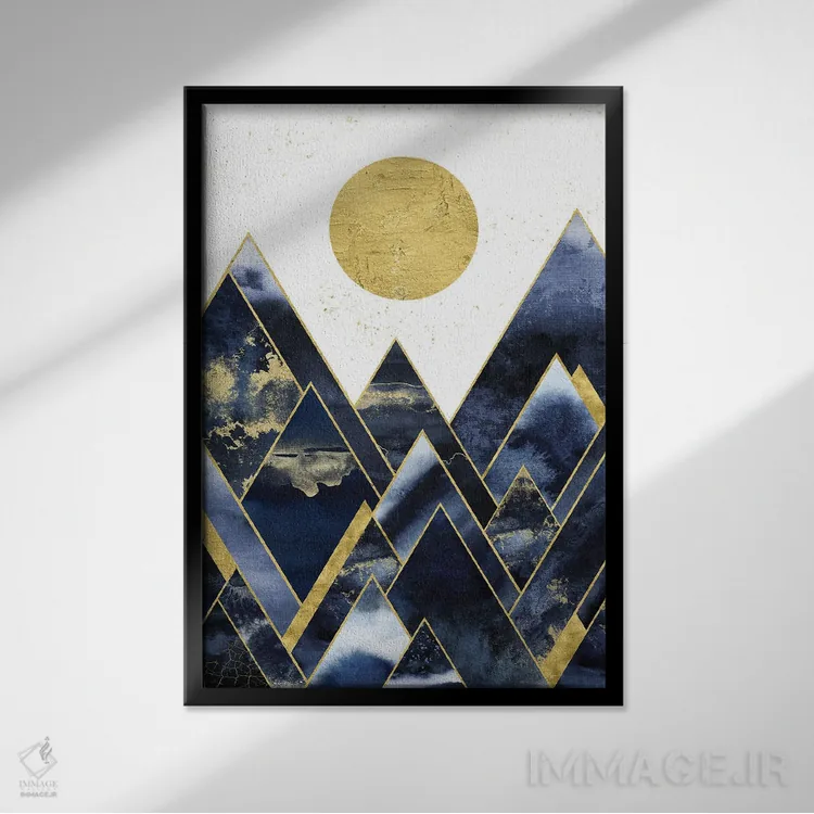 تابلو مدرن طلوع کوهستان های طلایی و نیلی اثر نیچر مجیک - نمای قابدار مشکی