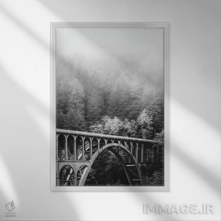 تابلو دکوراتیو پل کیپ کریک ، جنگل و ساحل زمستانی مه آلود اثر نیچر مجیک - نمای قابدار سفید