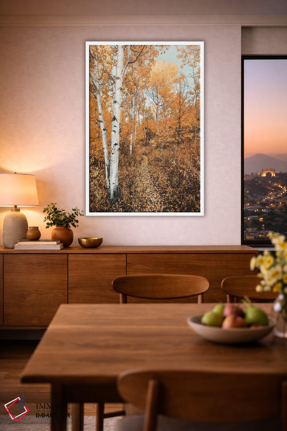 تابلو دکوراتیو مسیر جنگلی پاییزی با درختان آسپن و برگ های نارنجی در پارک ملی… اثر نیچر مجیک - D1W