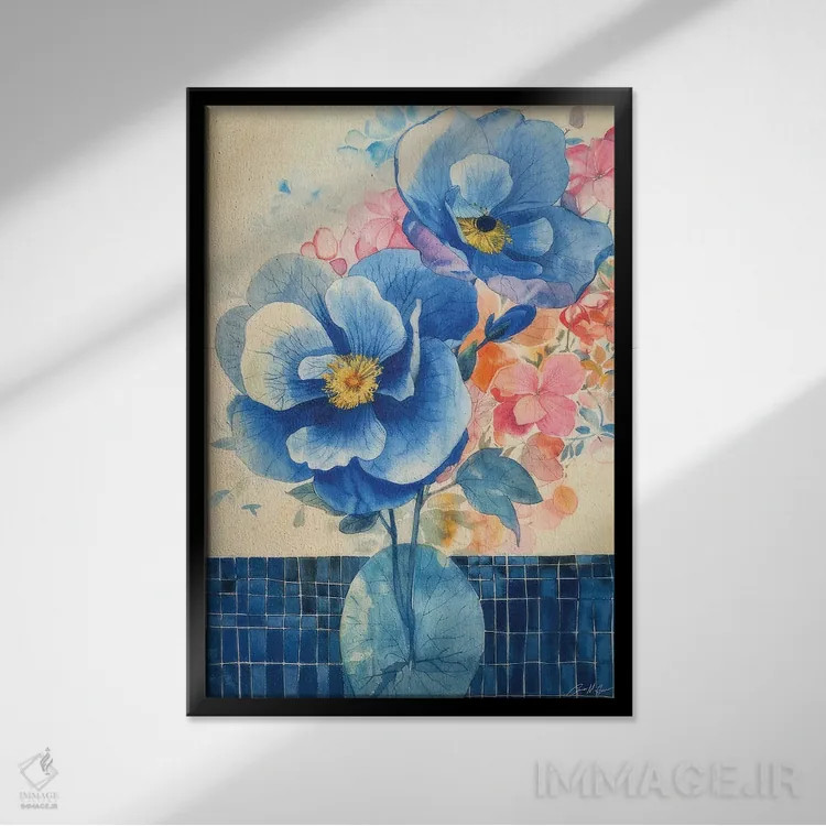 تابلو دکوراتیو طرح های گل آبی اثر کانر مک گوایر - نمای قابدار مشکی