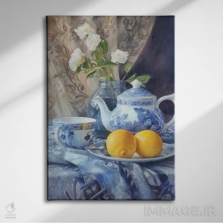 تابلو دکوراتیو طبیعت بی جان لیمویی و آبی اثر کانر مک گوایر - نمای روبهرو روی دیوار