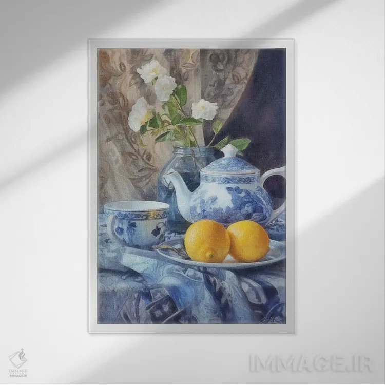تابلو دکوراتیو طبیعت بی جان لیمویی و آبی اثر کانر مک گوایر - نمای قابدار سفید