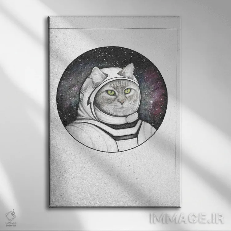تابلو دکوراتیو گربه فضایی اثر مندی هک - نمای روبهرو روی دیوار