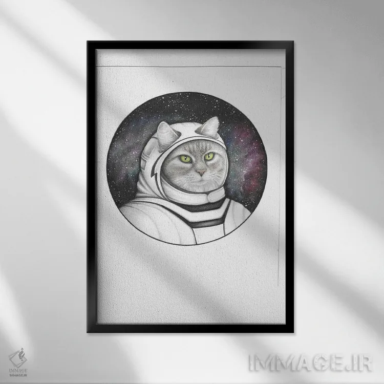تابلو دکوراتیو گربه فضایی اثر مندی هک - نمای قابدار مشکی