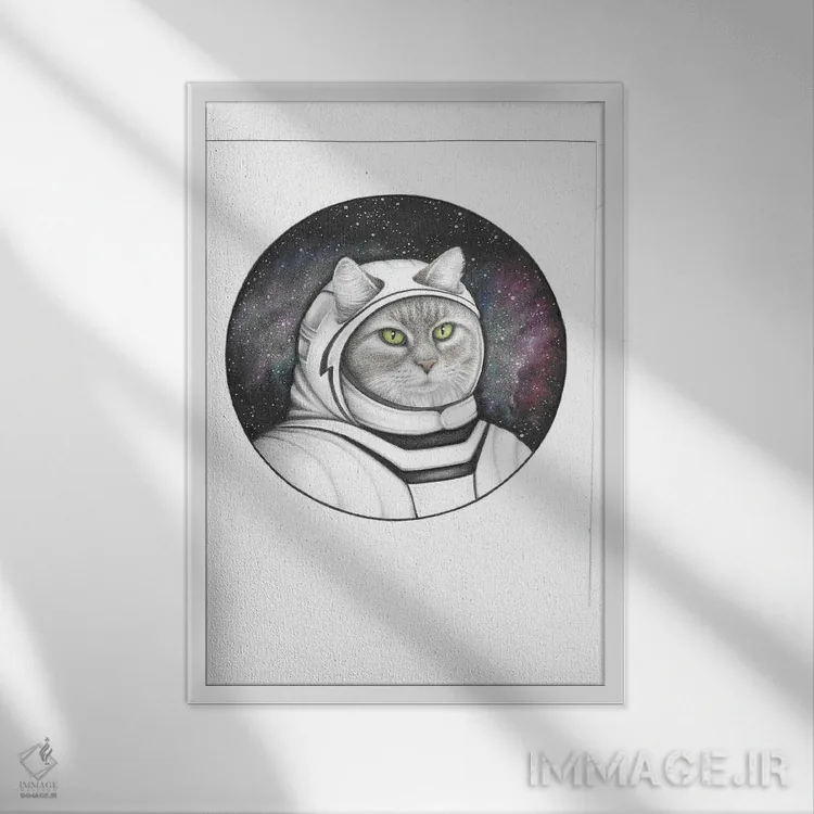 تابلو دکوراتیو گربه فضایی اثر مندی هک - نمای قابدار سفید