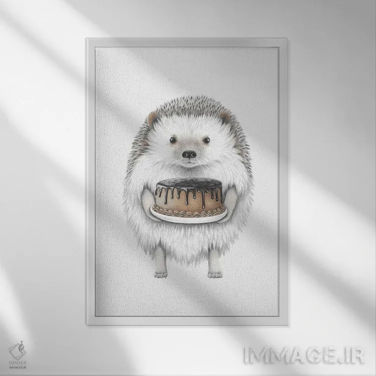 تابلو دکوراتیو جوجه تیغی با کیک اثر مندی هک - نمای قابدار سفید