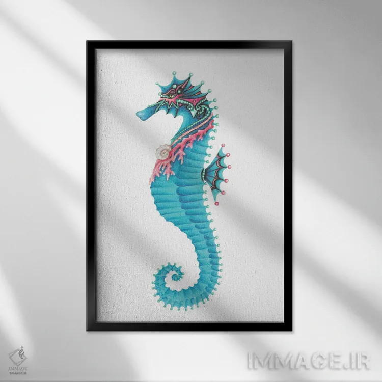 تابلو دکوراتیو اسب دریایی سلطنتی اثر مندی هک - نمای قابدار مشکی