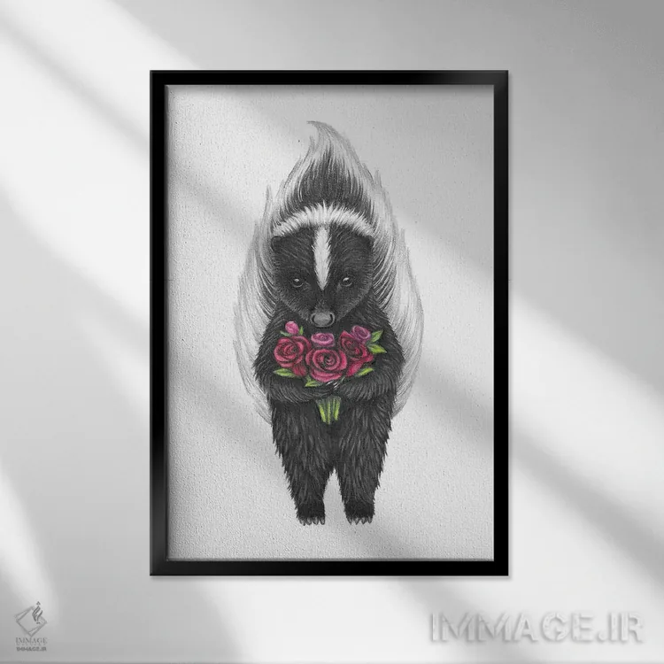 تابلو دکوراتیو اسکنک با گل رز اثر مندی هک - نمای قابدار مشکی