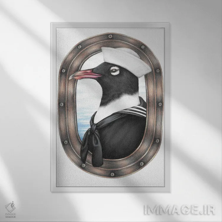 تابلو دکوراتیو مرغ دریایی ملوان اثر مندی هک - نمای قابدار سفید