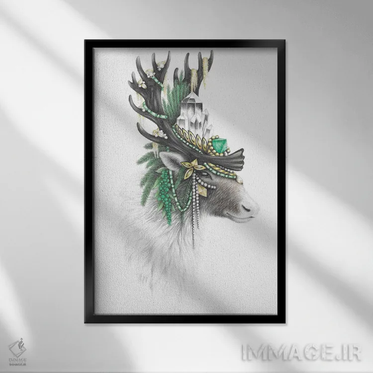 تابلو دکوراتیو گوزن شمالی باشکوه اثر مندی هک - نمای قابدار مشکی