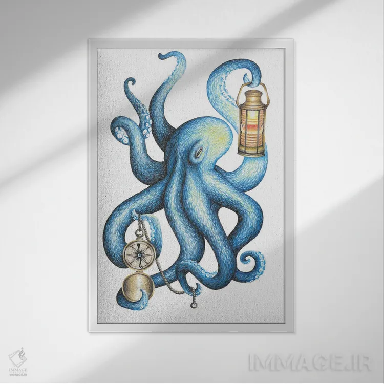 تابلو دکوراتیو اختاپوس اثر مندی هک - نمای قابدار سفید