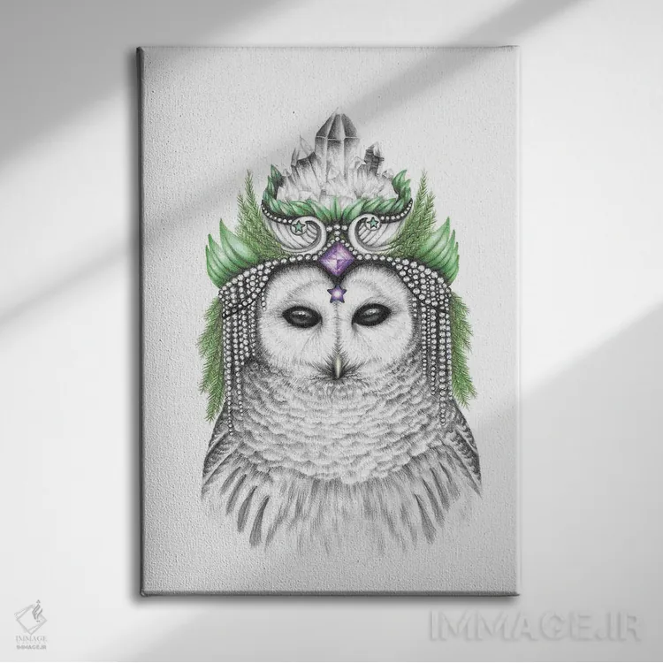 تابلو دکوراتیو جغد باشکوه خط دار اثر مندی هک - نمای روبهرو روی دیوار