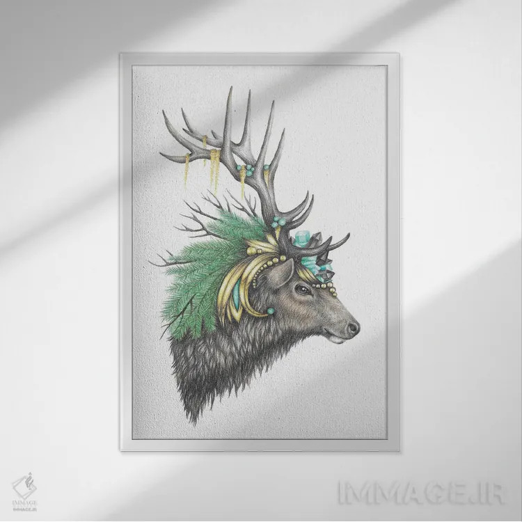 تابلو دکوراتیو گوزن بزرگ باشکوه اثر مندی هک - نمای قابدار سفید