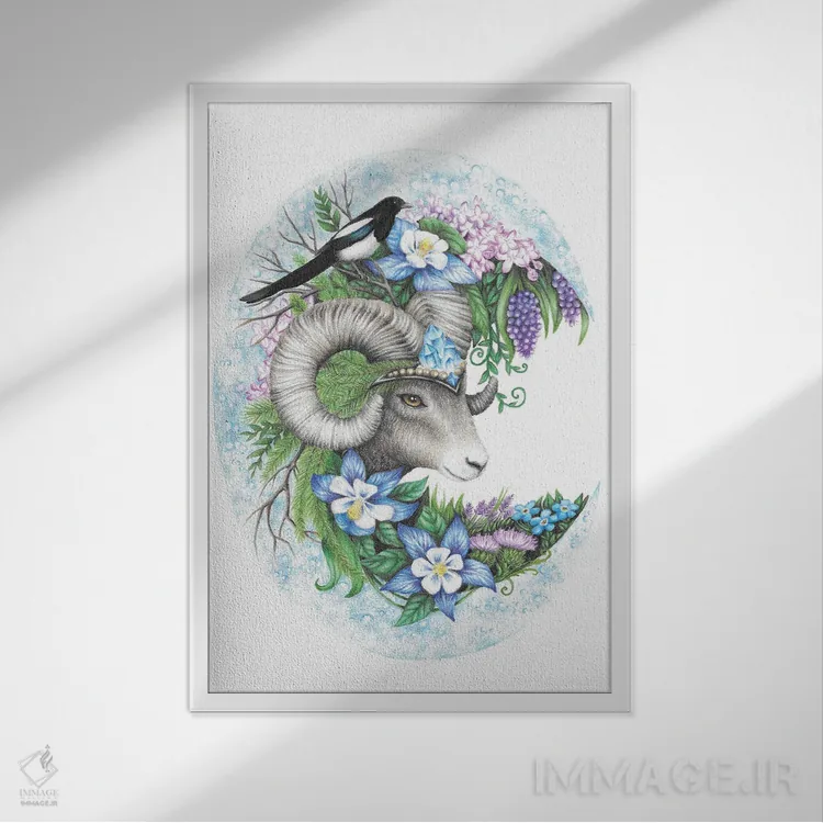 تابلو دکوراتیو گوسفند بزرگ شاخ دار باشکوه اثر مندی هک - نمای قابدار سفید