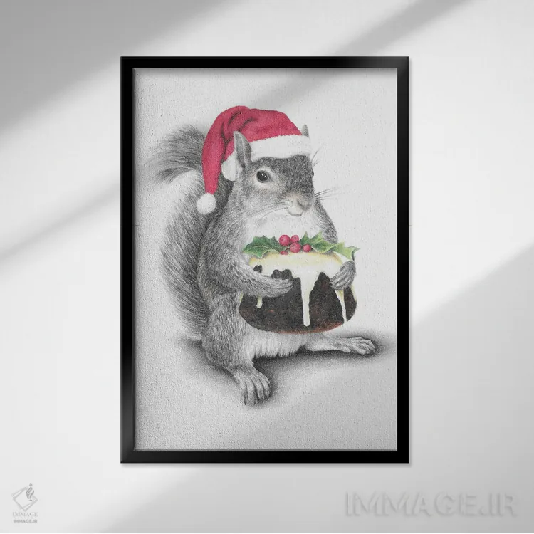 تابلو دکوراتیو سنجاب بابانوئل اثر مندی هک - نمای قابدار مشکی