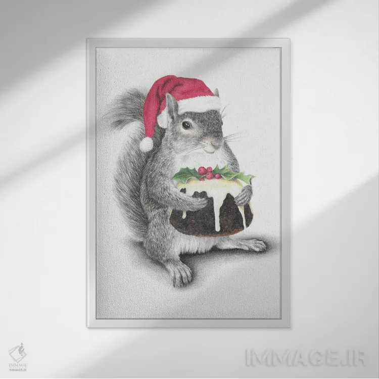 تابلو دکوراتیو سنجاب بابانوئل اثر مندی هک - نمای قابدار سفید