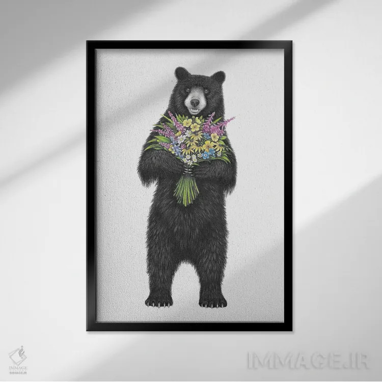 تابلو دکوراتیو خرس دسته گل به دست اثر مندی هک - نمای قابدار مشکی