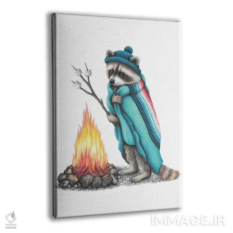 تابلو دکوراتیو راکون و آتش کمپ اثر مندی هک - نمای پرسپکتیو محصول