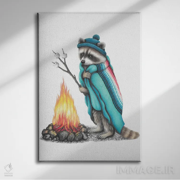 تابلو دکوراتیو راکون و آتش کمپ اثر مندی هک - نمای روبهرو روی دیوار