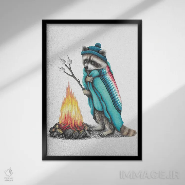 تابلو دکوراتیو راکون و آتش کمپ اثر مندی هک - نمای قابدار مشکی