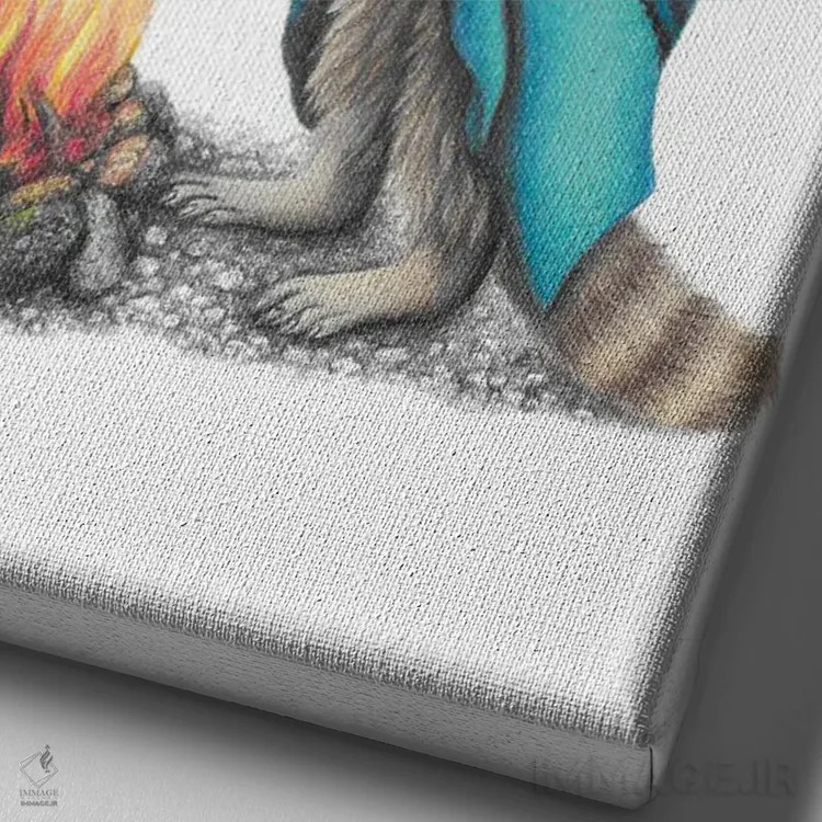 تابلو دکوراتیو راکون و آتش کمپ اثر مندی هک - نمای نزدیک بافت بوم