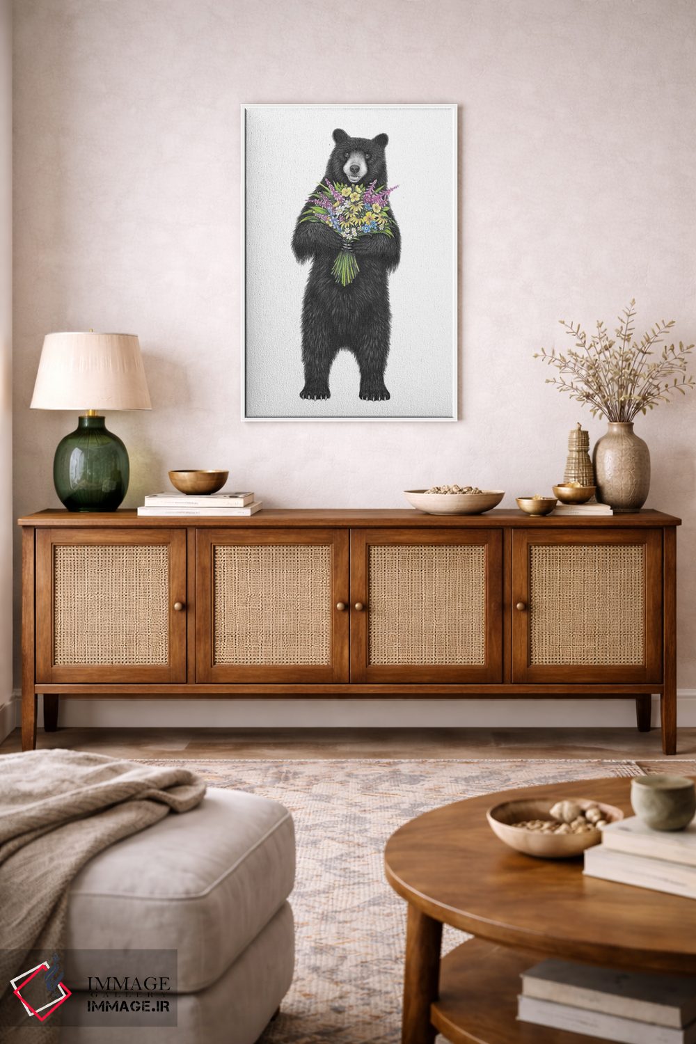 تابلو دکوراتیو خرس دسته گل به دست اثر مندی هک - D3W