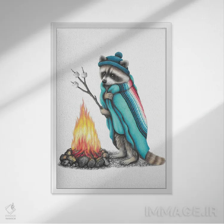 تابلو دکوراتیو راکون و آتش کمپ اثر مندی هک - نمای قابدار سفید