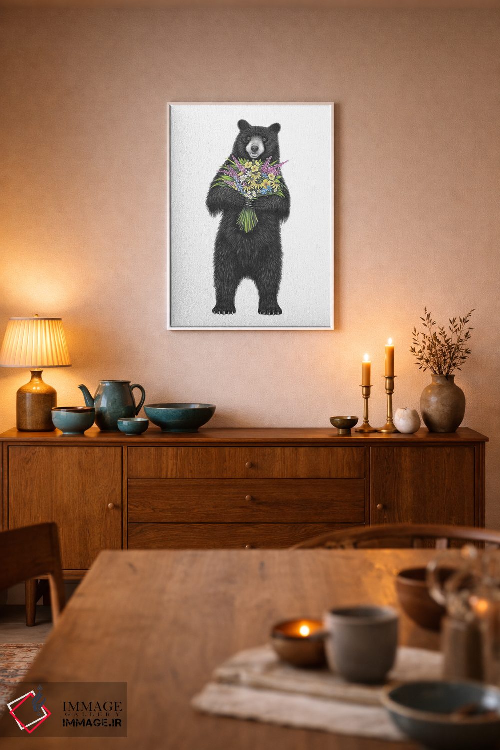 تابلو دکوراتیو خرس دسته گل به دست اثر مندی هک - D6W