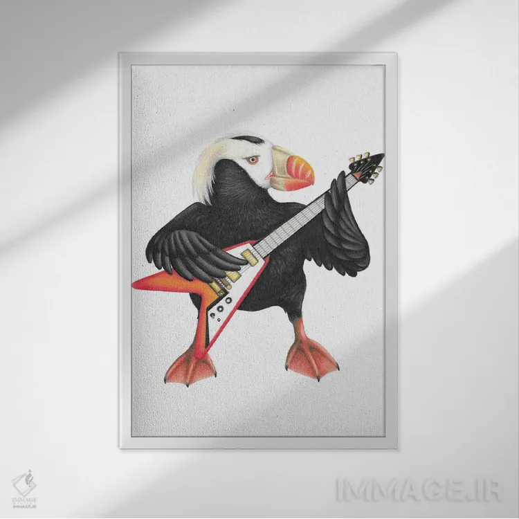 تابلو دکوراتیو پافین پرجنب وجوش اثر مندی هک - نمای قابدار سفید