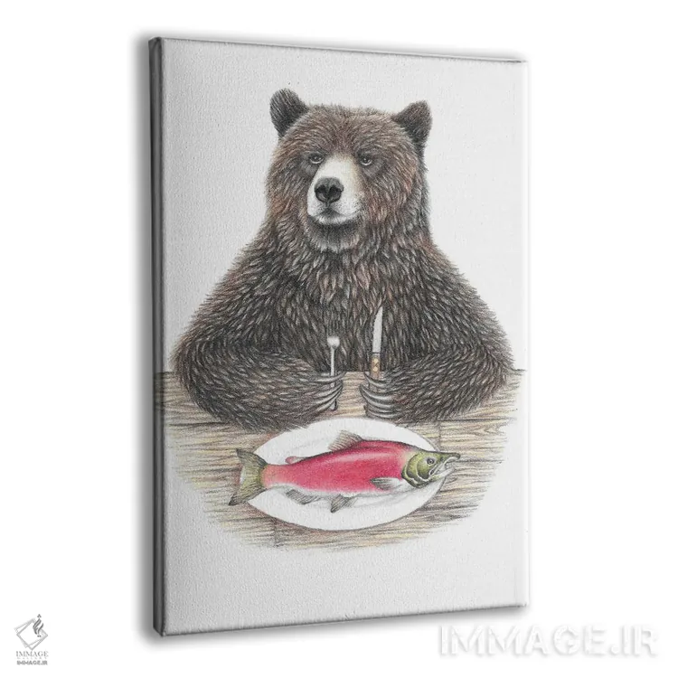 تابلو دکوراتیو خرس با ماهی سالمون اثر مندی هک - نمای پرسپکتیو محصول