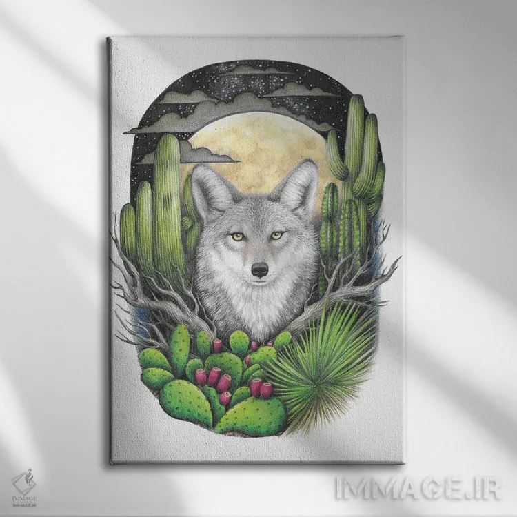 تابلو دکوراتیو کایوت با گیاهان گوشتی اثر مندی هک - نمای روبهرو روی دیوار