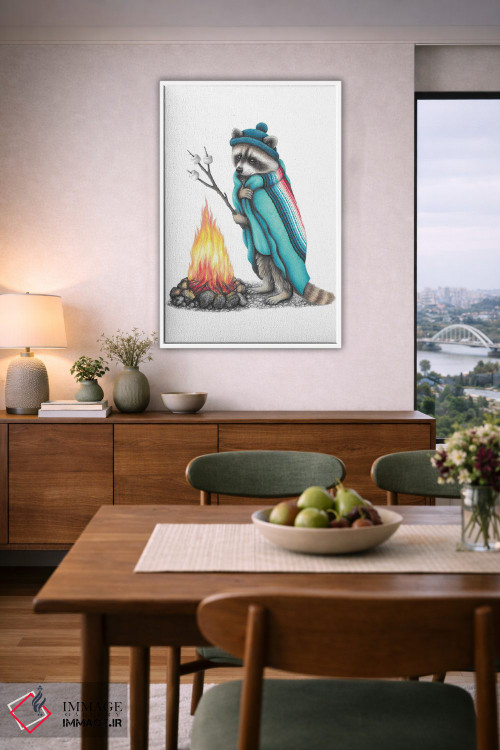 تابلو دکوراتیو راکون و آتش کمپ اثر مندی هک - D6W