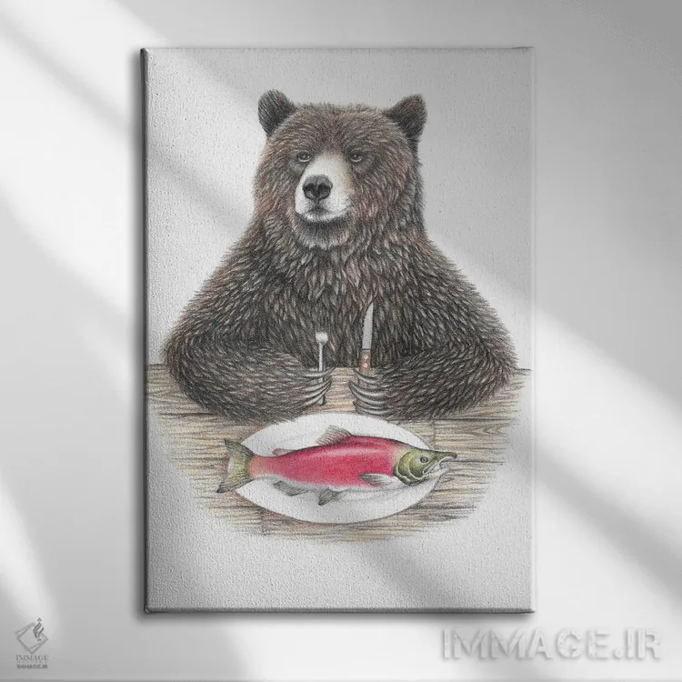 تابلو دکوراتیو خرس با ماهی سالمون اثر مندی هک - نمای روبهرو روی دیوار