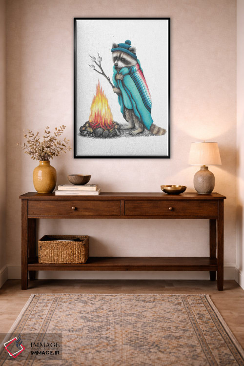 تابلو دکوراتیو راکون و آتش کمپ اثر مندی هک - D4B