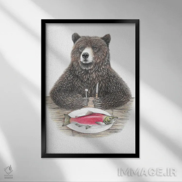 تابلو دکوراتیو خرس با ماهی سالمون اثر مندی هک - نمای قابدار مشکی