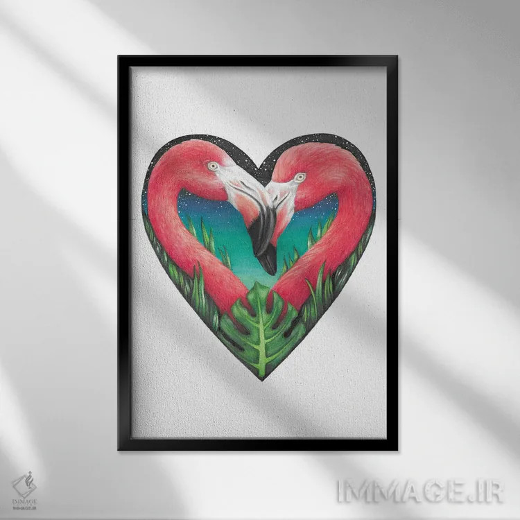 تابلو دکوراتیو قلب فلامینگو اثر مندی هک - نمای قابدار مشکی