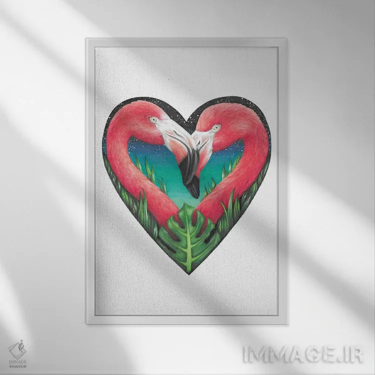 تابلو دکوراتیو قلب فلامینگو اثر مندی هک - نمای قابدار سفید