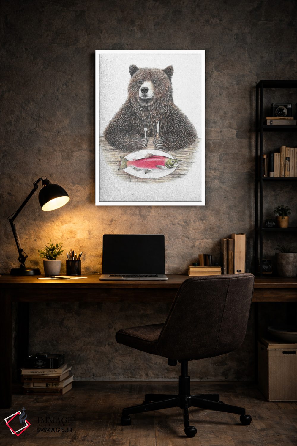 تابلو دکوراتیو خرس با ماهی سالمون اثر مندی هک - D6W